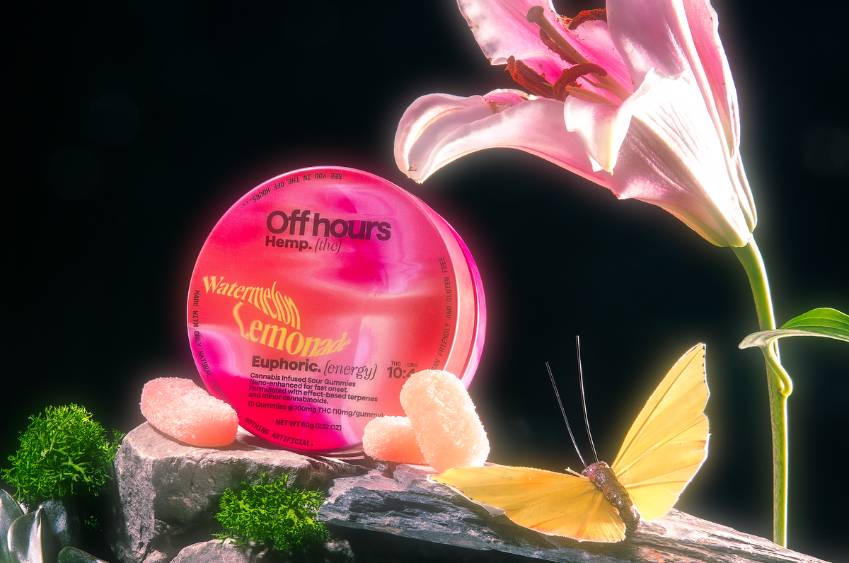 Off Hours Watermelon Lemonade hemp THC gummies with a lily and butterfly.
