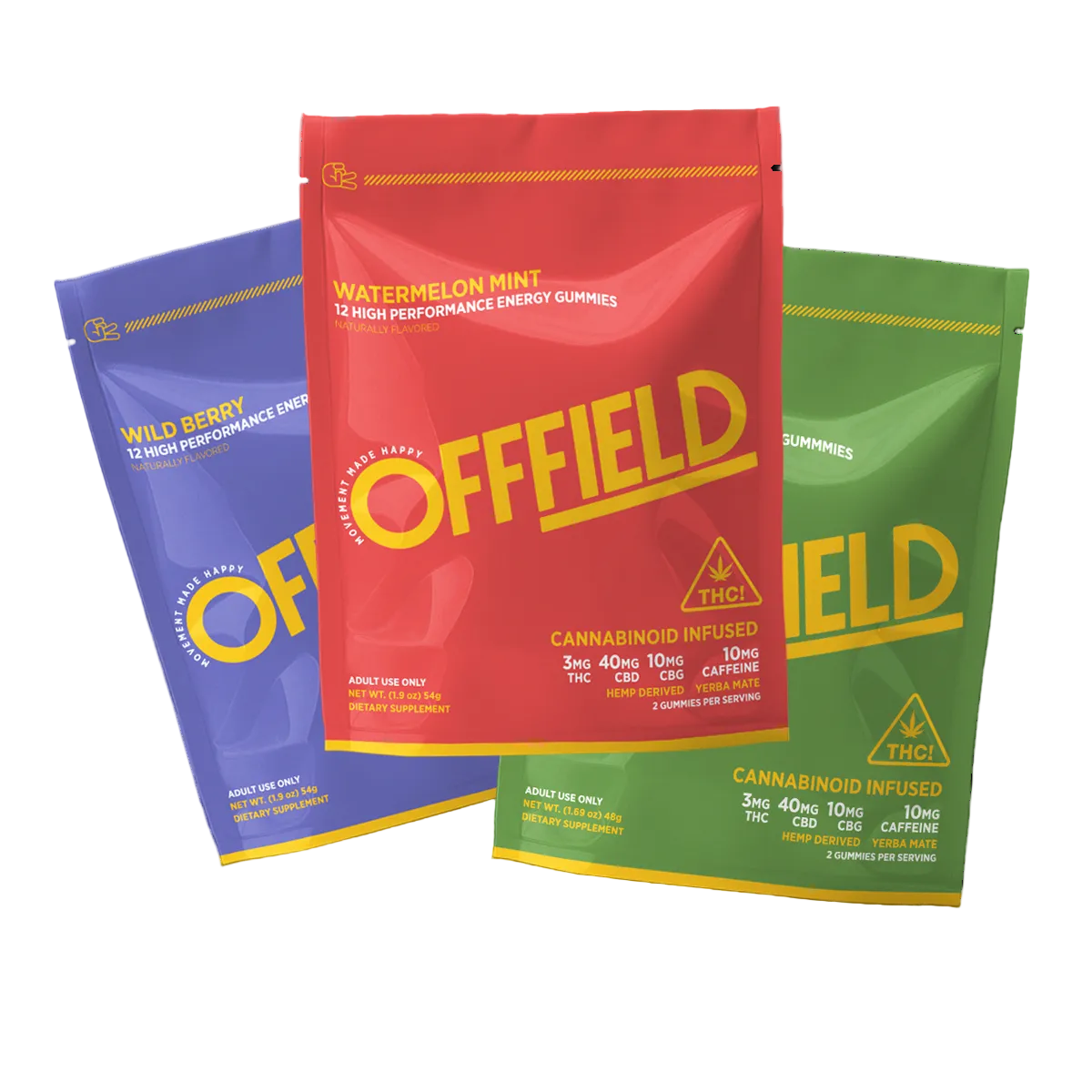 Three colorful packages of Offfield energy gummies on a white background