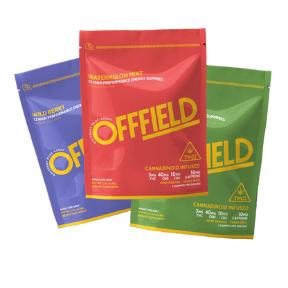 Three colorful packages of Offfield energy gummies on a white background