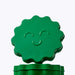 A bright green, flower-shaped container lid with a smiling face, shown resting on top of a matching green cylindrical base against a light gray gradient background.